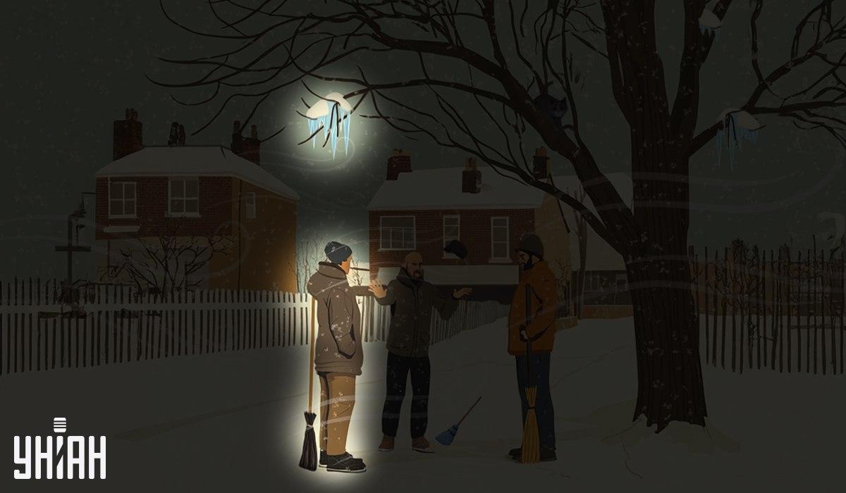 కాపలాదారుల్లో ఒకరు చెట్టు/Moje కోల్లెజ్‌పై వేలాడదీసిన ఐసికిల్స్ కింద నిలబడి ఉన్నారు